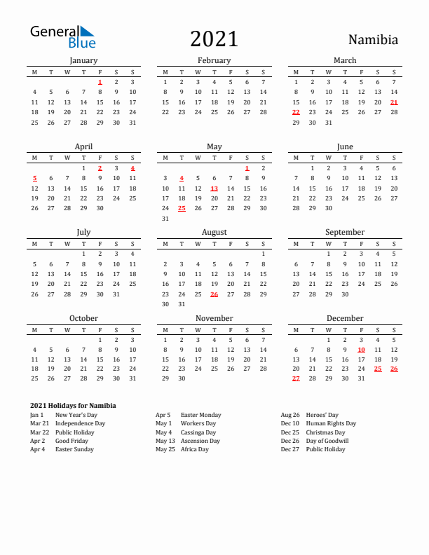 Namibia Holidays Calendar for 2021