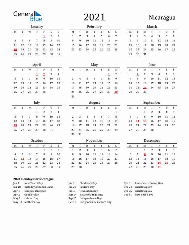 Nicaragua Holidays Calendar for 2021