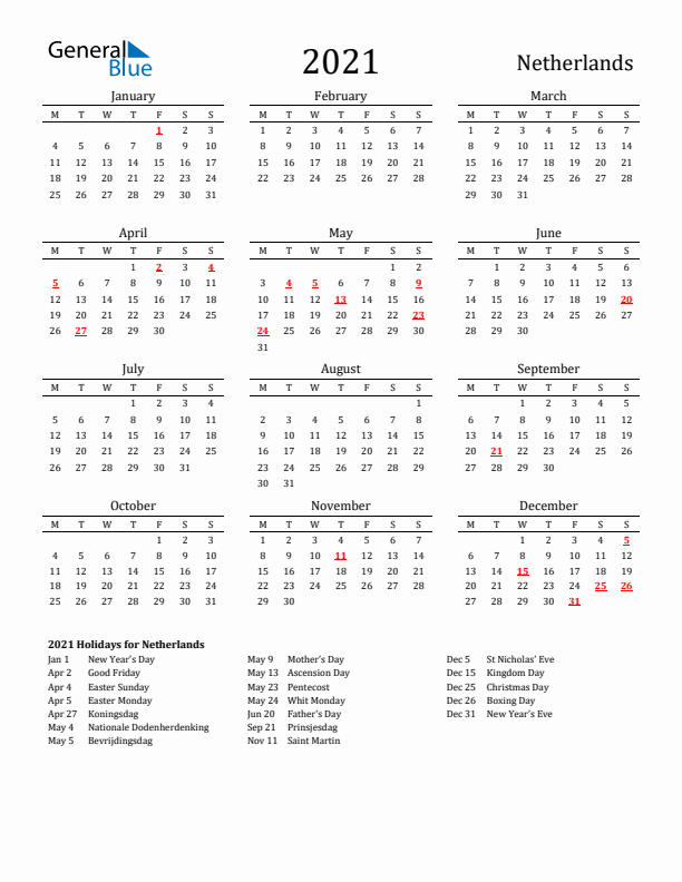 The Netherlands Holidays Calendar for 2021