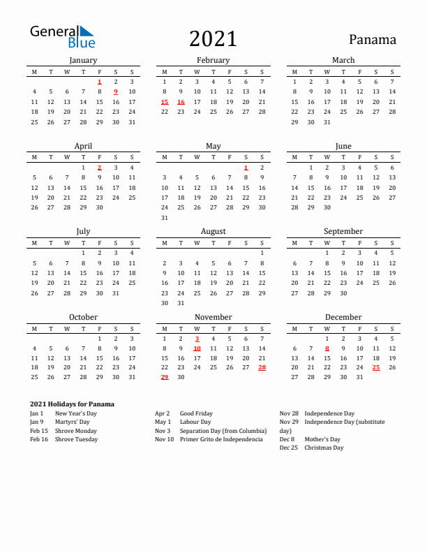 Panama Holidays Calendar for 2021