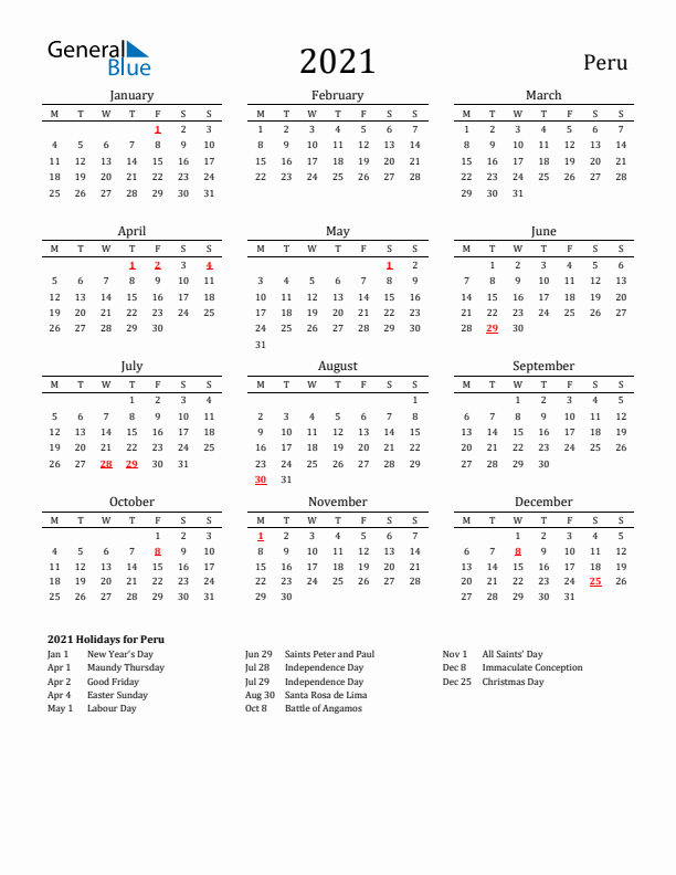 Peru Holidays Calendar for 2021