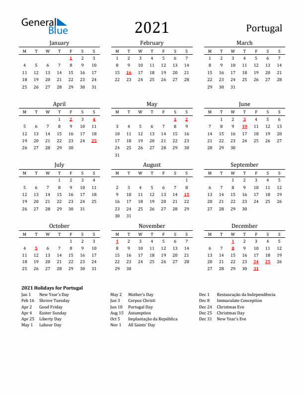 Portugal Holidays Calendar for 2021
