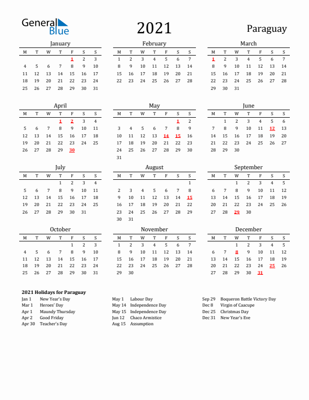 Paraguay Holidays Calendar for 2021