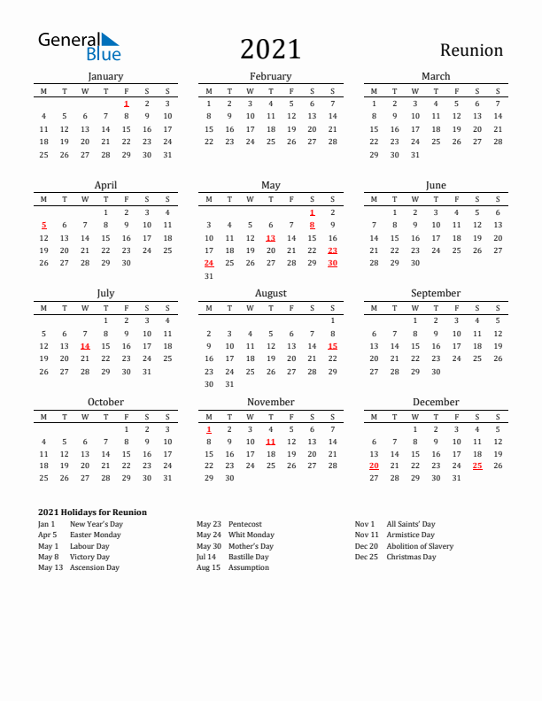 Reunion Holidays Calendar for 2021