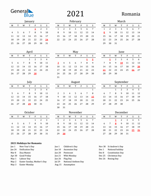Romania Holidays Calendar for 2021