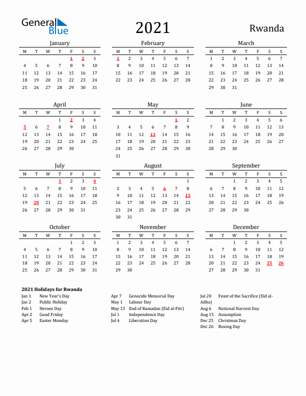 Rwanda Holidays Calendar for 2021