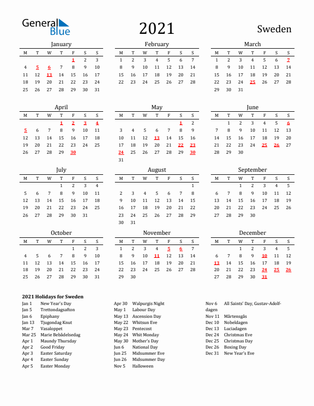 Sweden Holidays Calendar for 2021