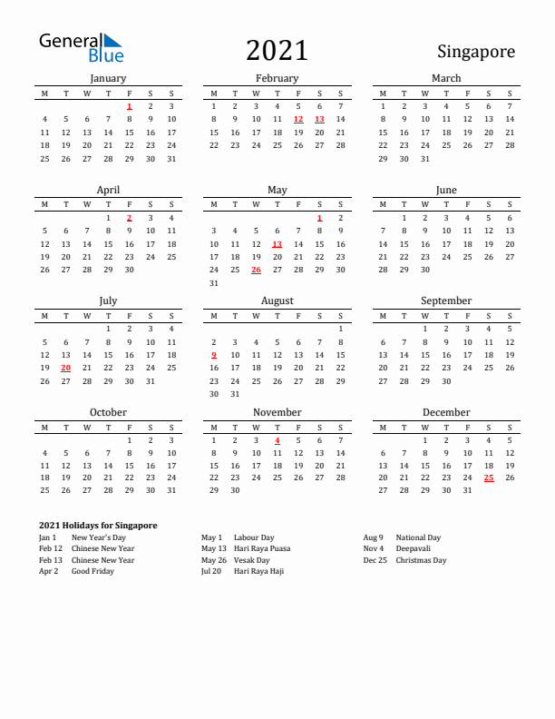 Singapore Holidays Calendar for 2021