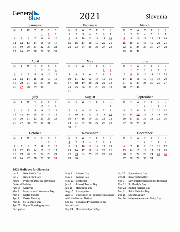 Slovenia Holidays Calendar for 2021