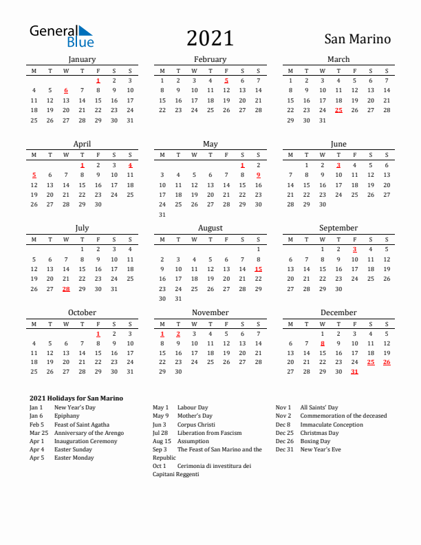 San Marino Holidays Calendar for 2021