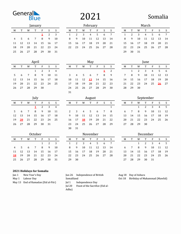Somalia Holidays Calendar for 2021