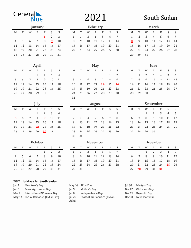 South Sudan Holidays Calendar for 2021