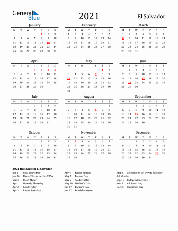 El Salvador Holidays Calendar for 2021