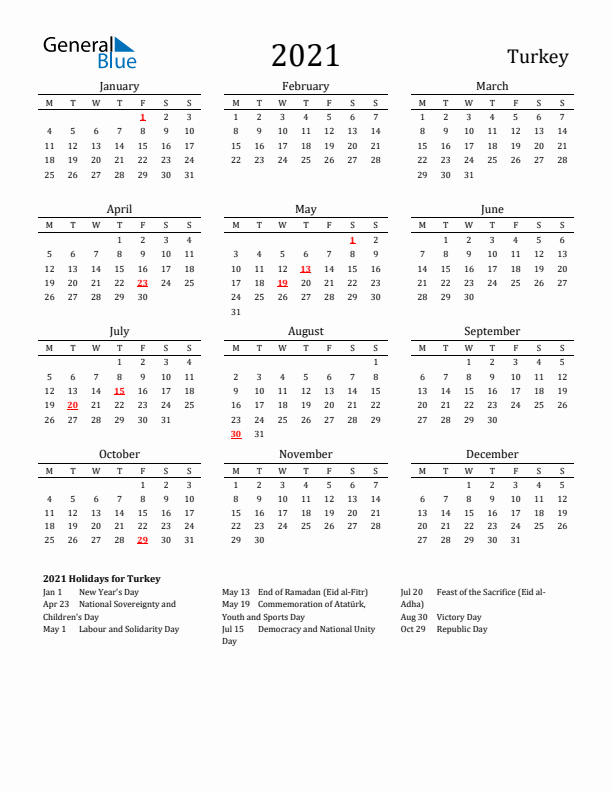 Turkey Holidays Calendar for 2021