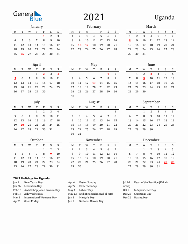 Uganda Holidays Calendar for 2021