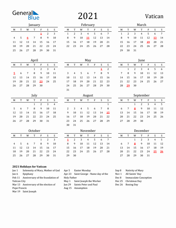 Vatican Holidays Calendar for 2021