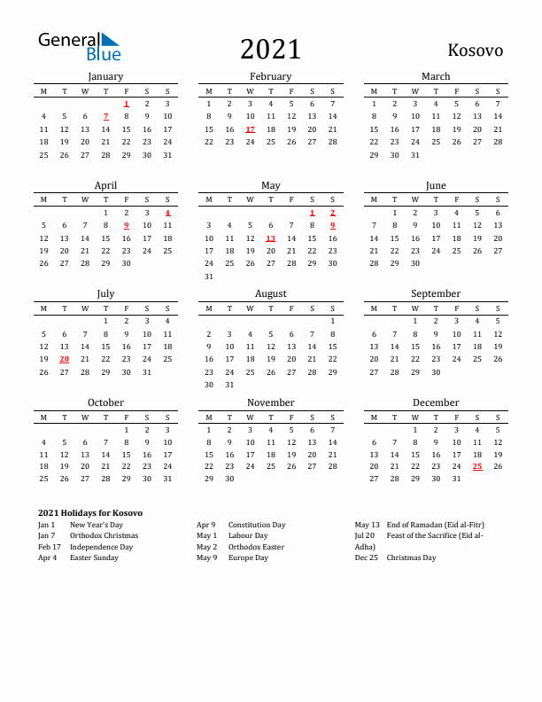Kosovo Holidays Calendar for 2021