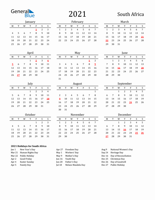 2021 South Africa Calendar with Holidays