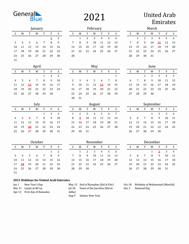 United Arab Emirates Holidays Calendar for 2021