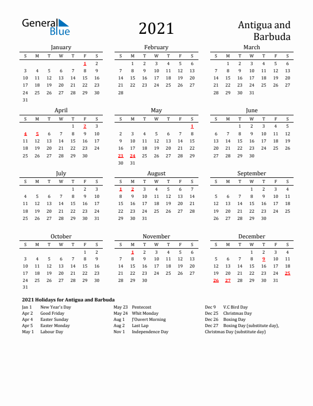Antigua and Barbuda Holidays Calendar for 2021