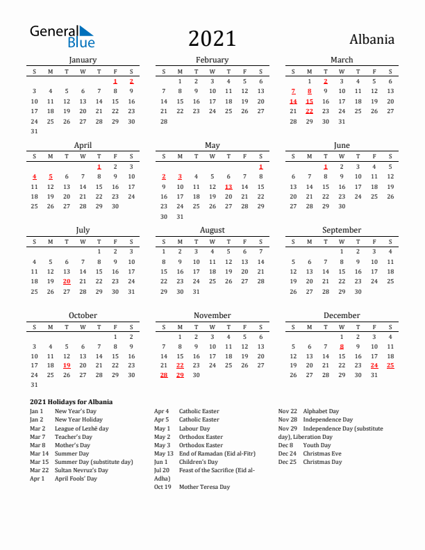 Albania Holidays Calendar for 2021