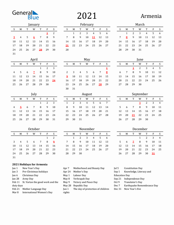 Armenia Holidays Calendar for 2021