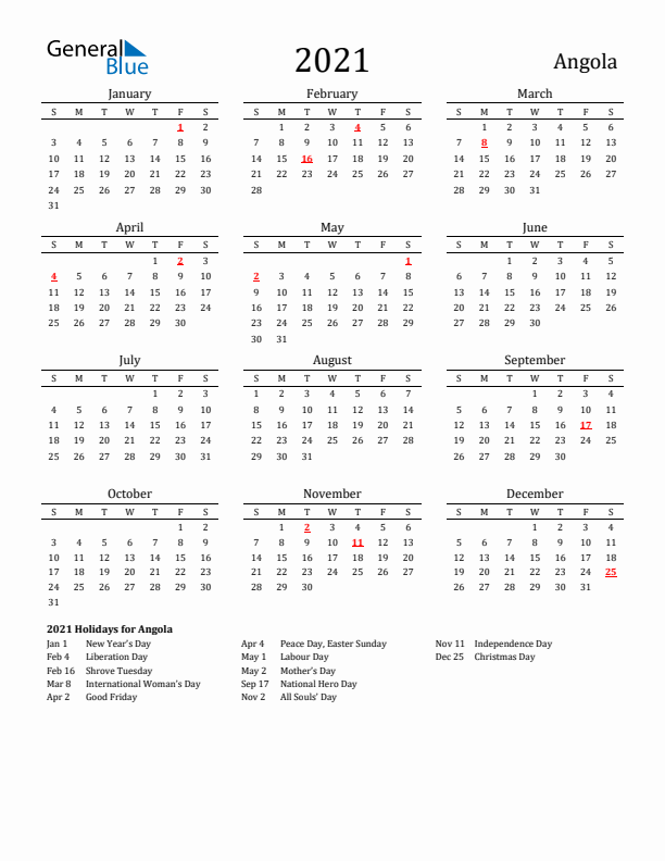 Angola Holidays Calendar for 2021