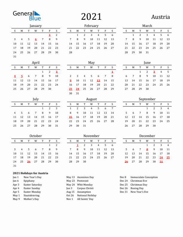 Austria Holidays Calendar for 2021