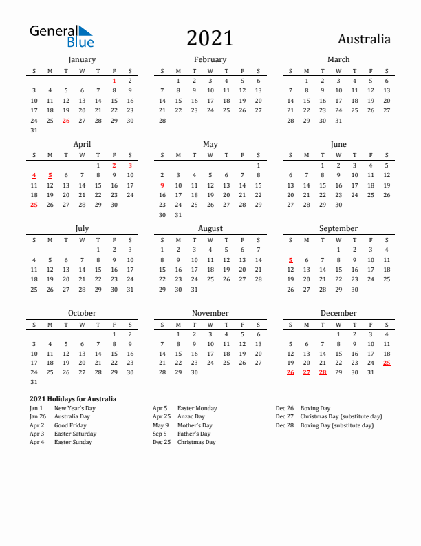 Australia Holidays Calendar for 2021