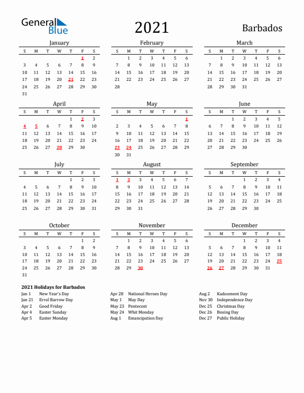 Barbados Holidays Calendar for 2021
