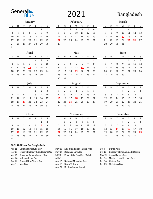 Bangladesh Holidays Calendar for 2021