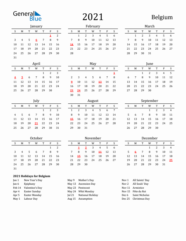 Belgium Holidays Calendar for 2021