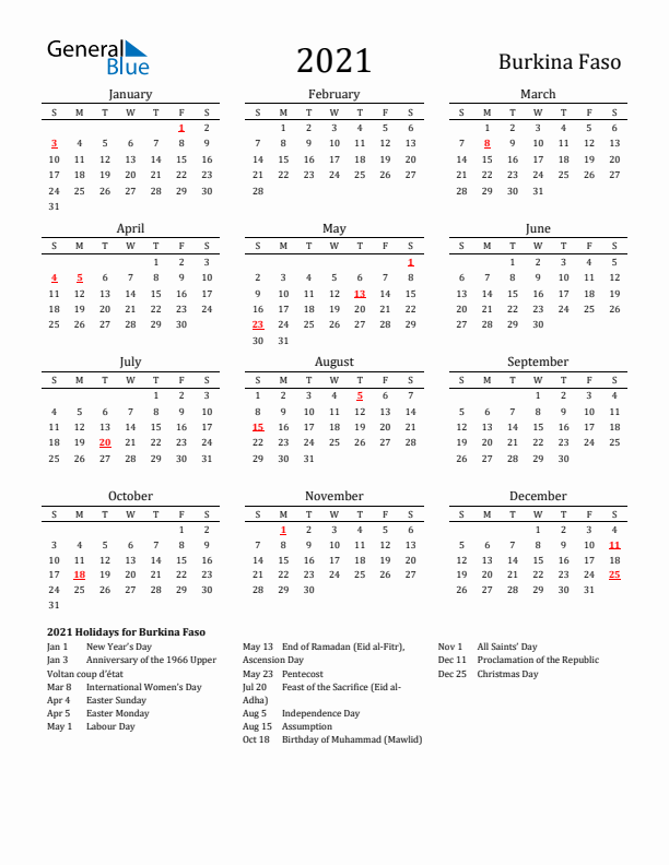 Burkina Faso Holidays Calendar for 2021