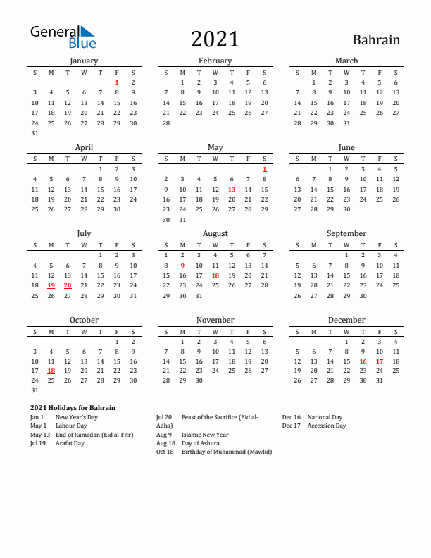 Bahrain Holidays Calendar for 2021