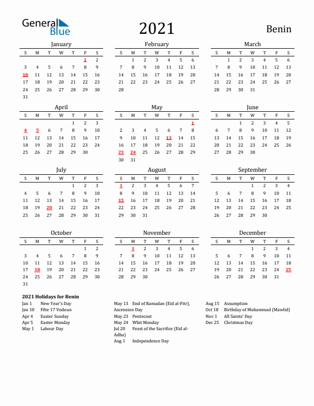 Benin Holidays Calendar for 2021