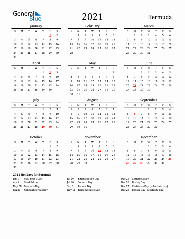 Bermuda Holidays Calendar for 2021