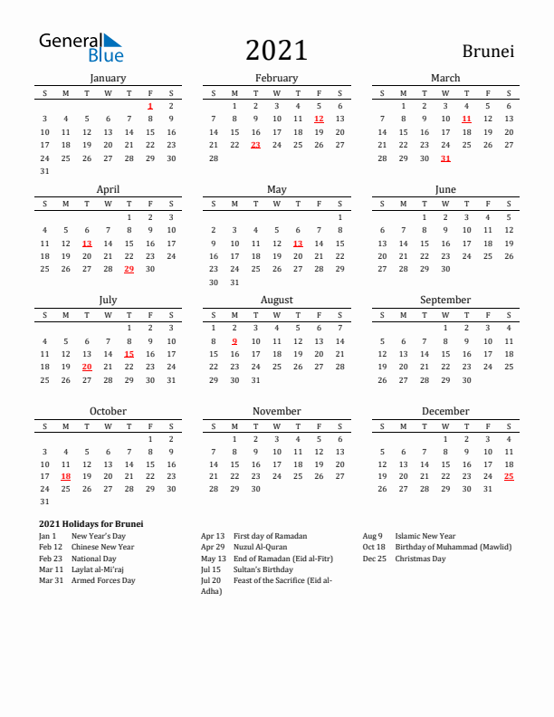 Brunei Holidays Calendar for 2021