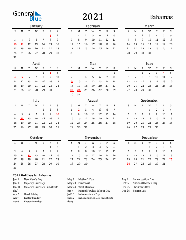Bahamas Holidays Calendar for 2021