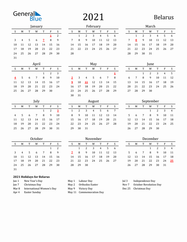 Belarus Holidays Calendar for 2021