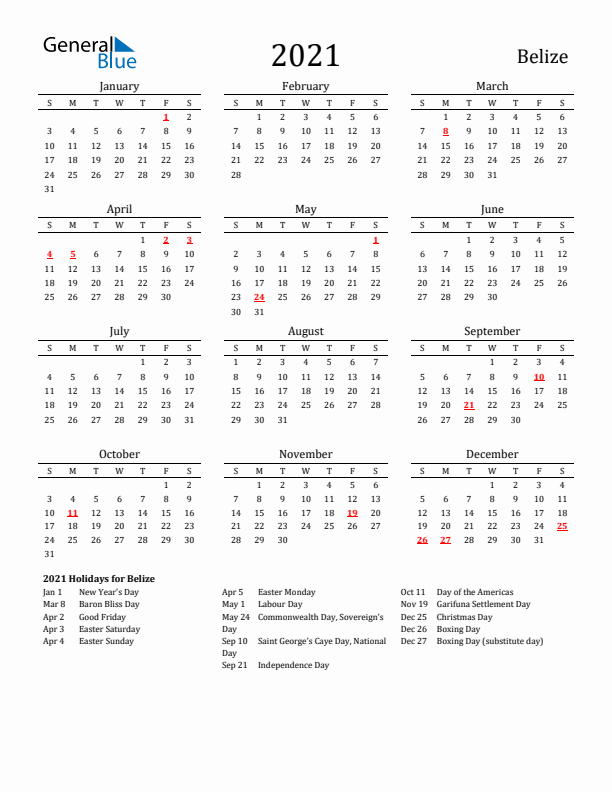 Belize Holidays Calendar for 2021