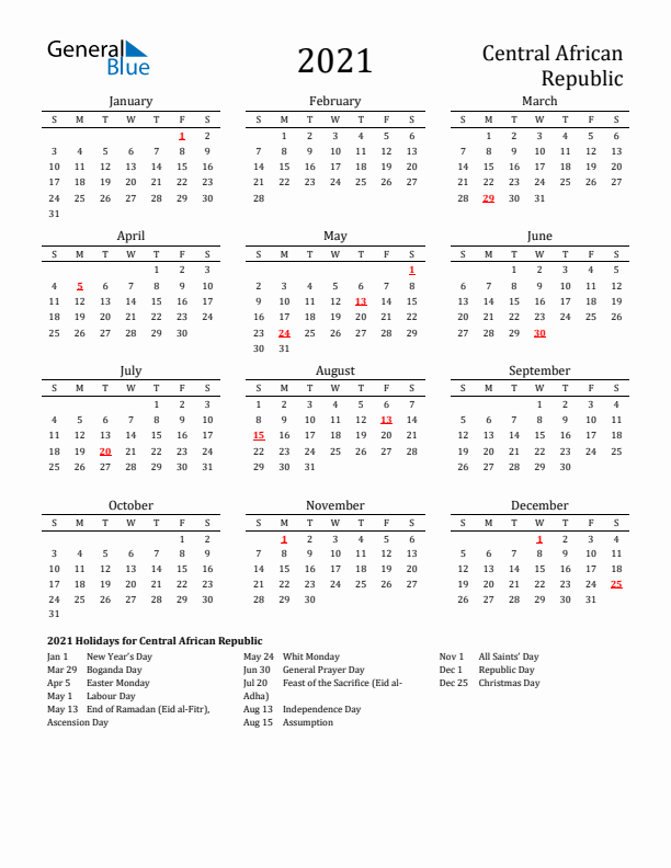 Central African Republic Holidays Calendar for 2021
