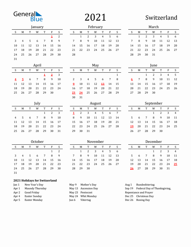 2021 Switzerland Calendar with Holidays