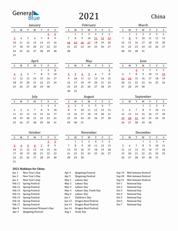China Holidays Calendar for 2021