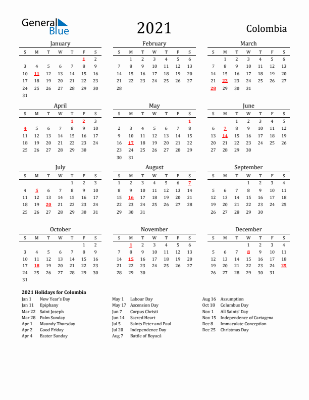 Colombia Holidays Calendar for 2021