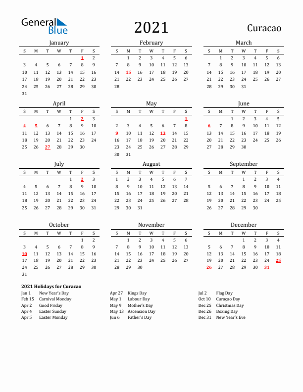 Curacao Holidays Calendar for 2021
