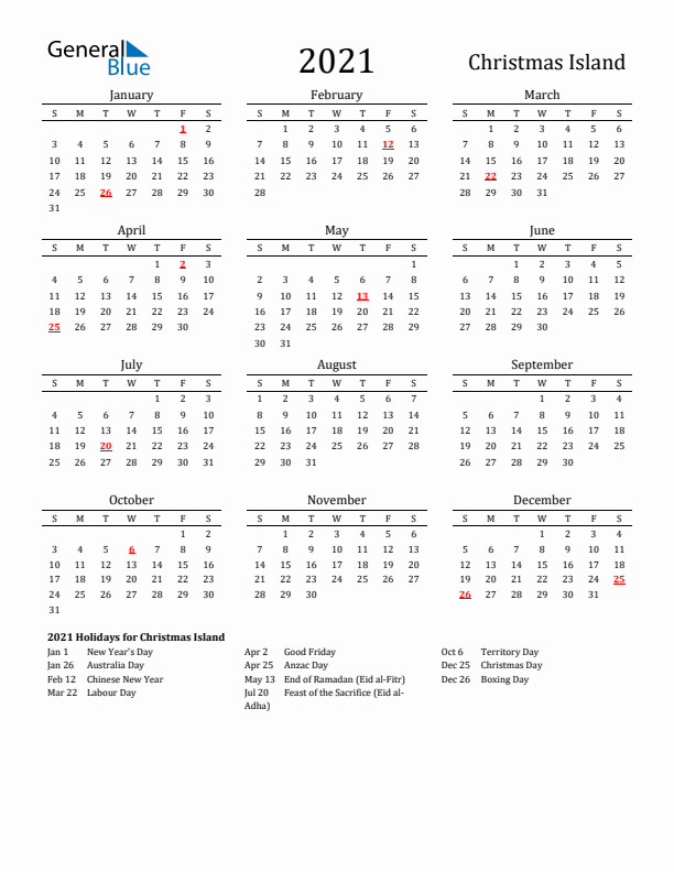 Christmas Island Holidays Calendar for 2021