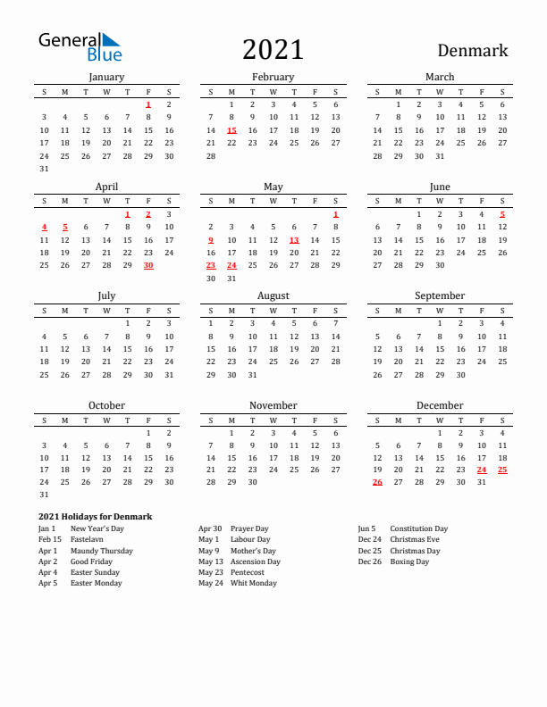 Denmark Holidays Calendar for 2021