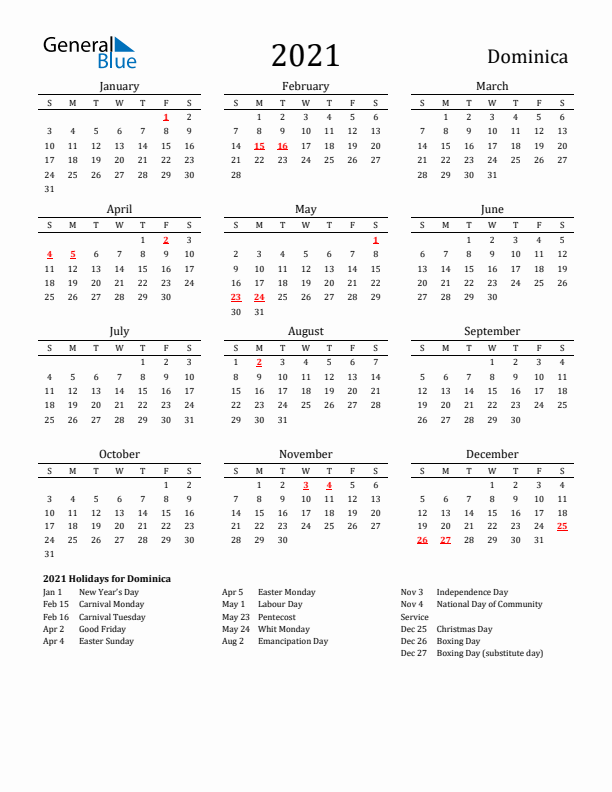 Dominica Holidays Calendar for 2021