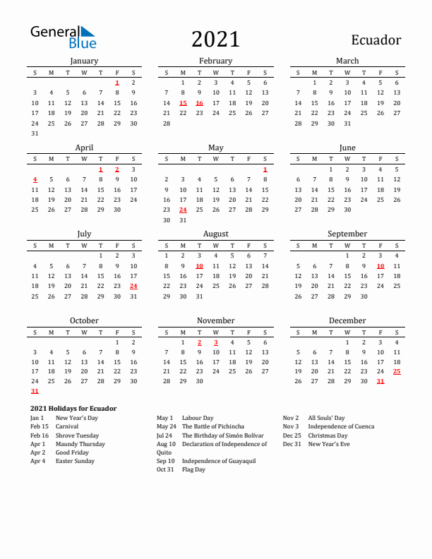 Ecuador Holidays Calendar for 2021