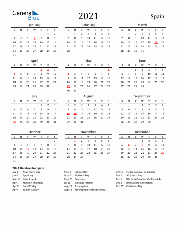 Spain Holidays Calendar for 2021